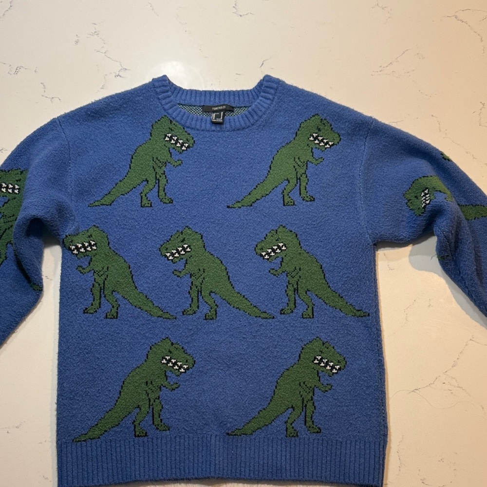 Forever 21 Blue Crewneck Sweater with Green Dinosaur Design